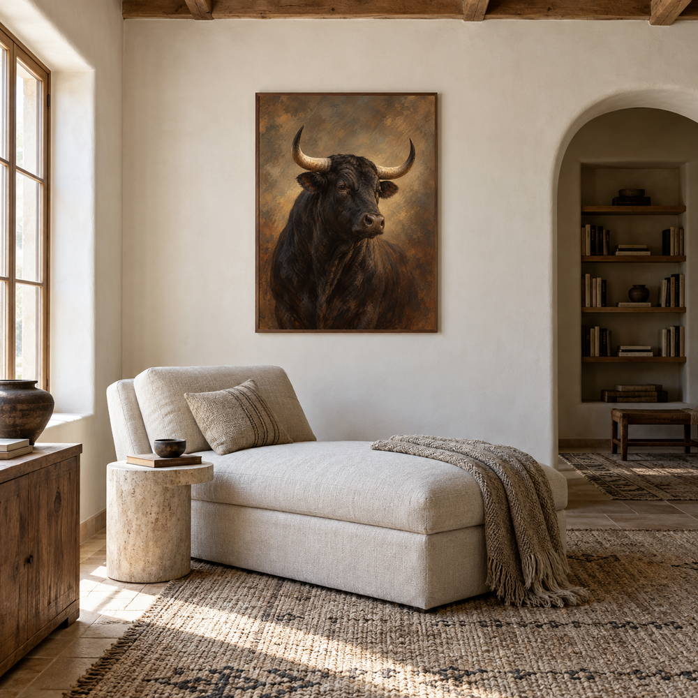 Black Bull Study Western oil painting displayed in a reading room