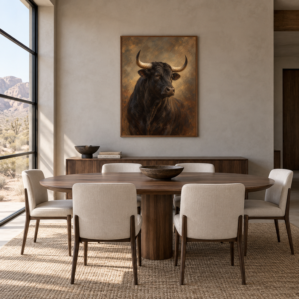 Black Bull Study Western oil painting displayed in a dining room