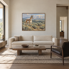 Desert Pronghorn Western oil painting displayed in a living room
