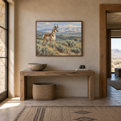 Desert Pronghorn Western oil painting displayed in a entryway