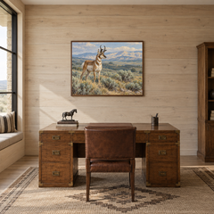 Desert Pronghorn Western oil painting displayed in a study
