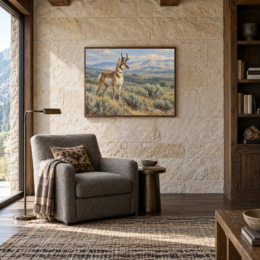 Desert Pronghorn Western oil painting displayed in a reading room