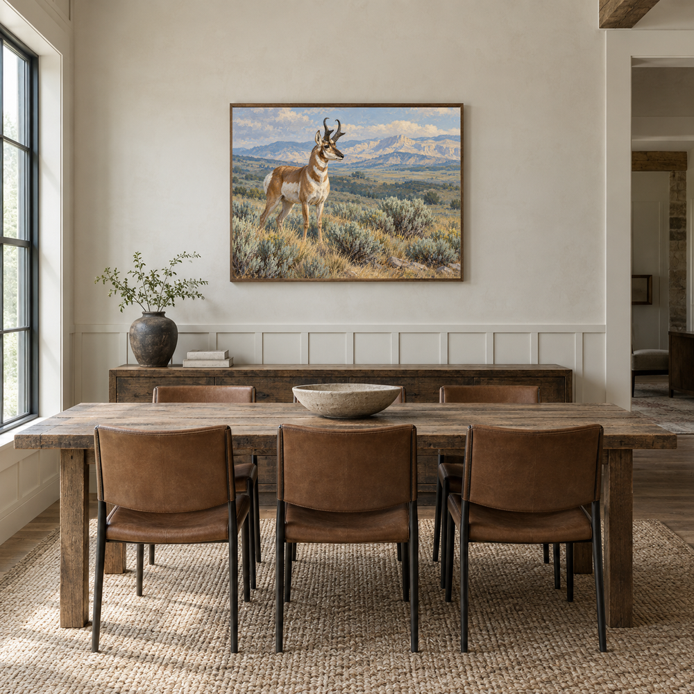Desert Pronghorn Western oil painting displayed in a dining room