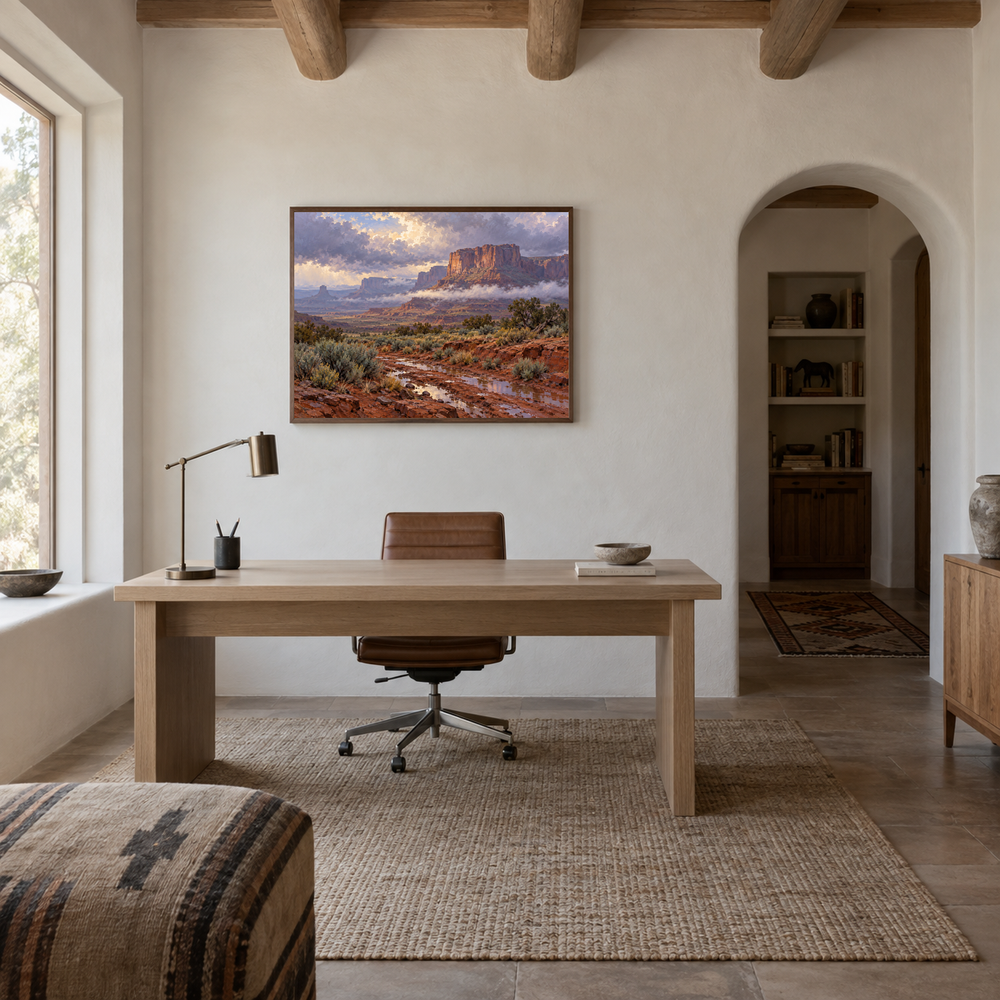 Mesa After Rain Western oil painting displayed in a study