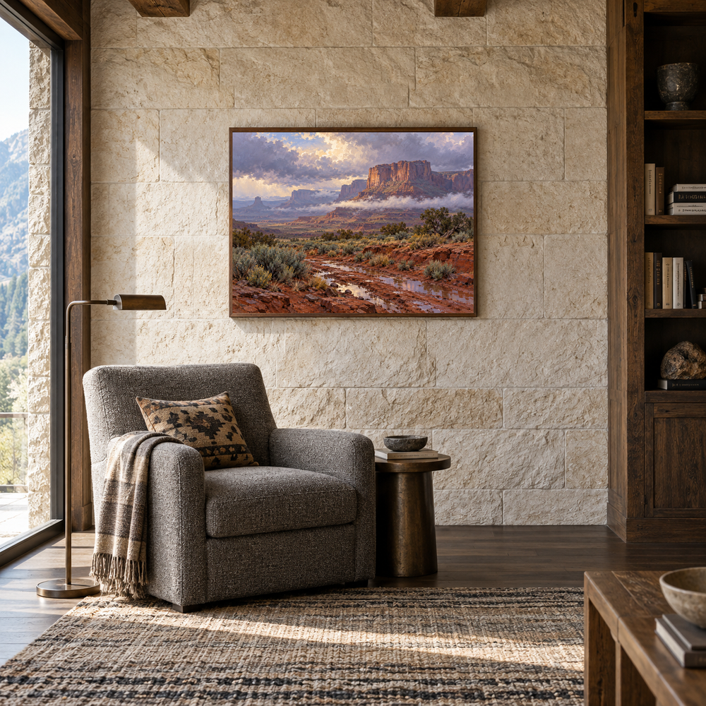Mesa After Rain Western oil painting displayed in a reading room