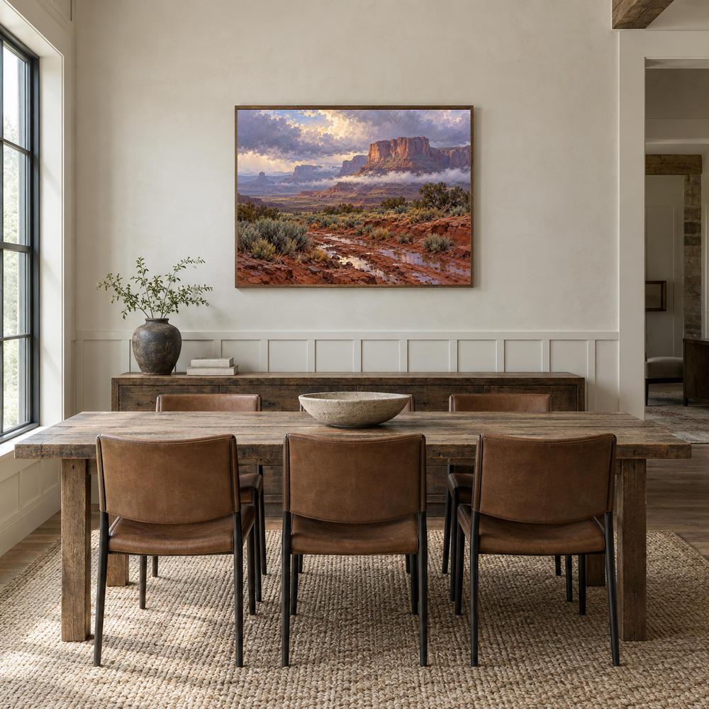 Mesa After Rain Western oil painting displayed in a dining room