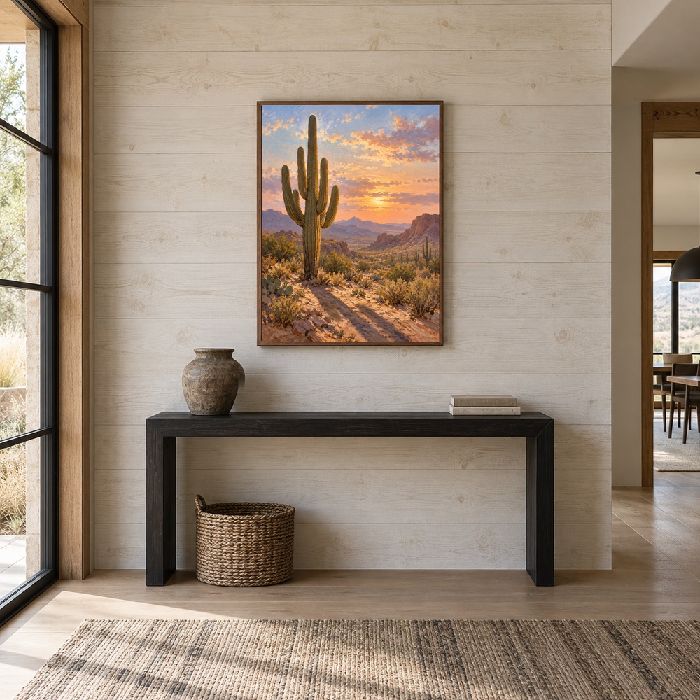 Saguaro Light Western oil painting displayed in a entryway