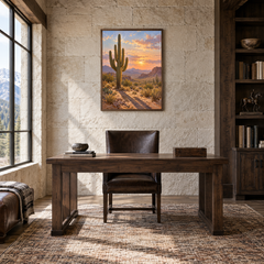 Saguaro Light Western oil painting displayed in a study