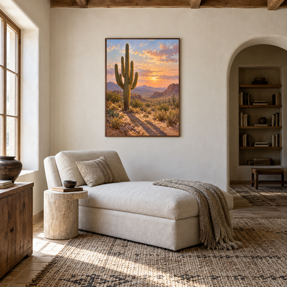 Saguaro Light Western oil painting displayed in a reading room