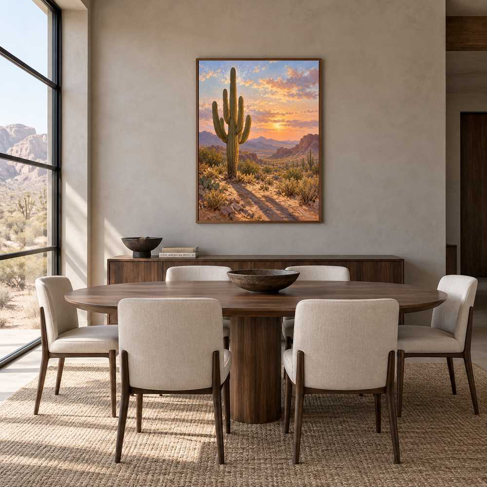 Saguaro Light Western oil painting displayed in a dining room