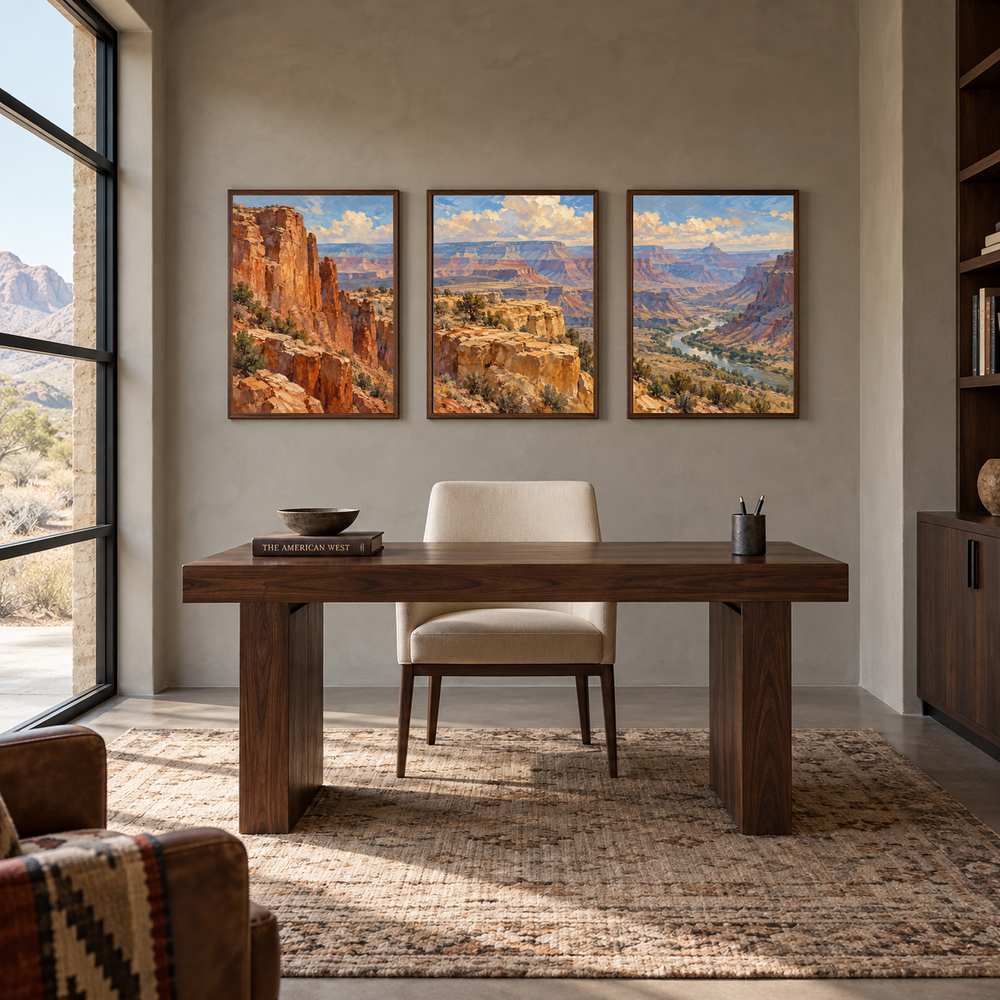 Canyon Bands set of 3 Western paintings displayed in a study