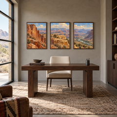 Canyon Bands set of 3 Western paintings displayed in a study
