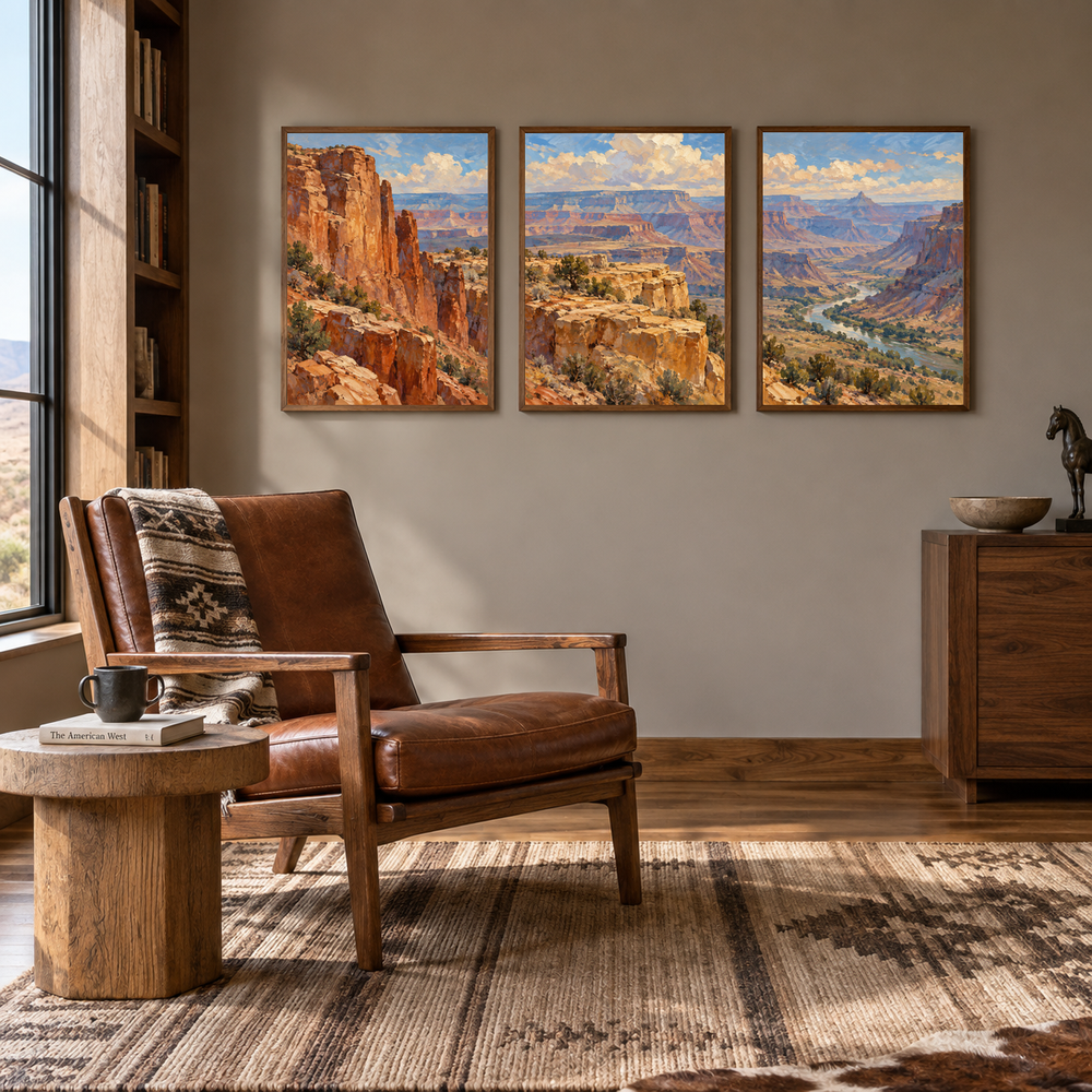Canyon Bands set of 3 Western paintings displayed in a reading room
