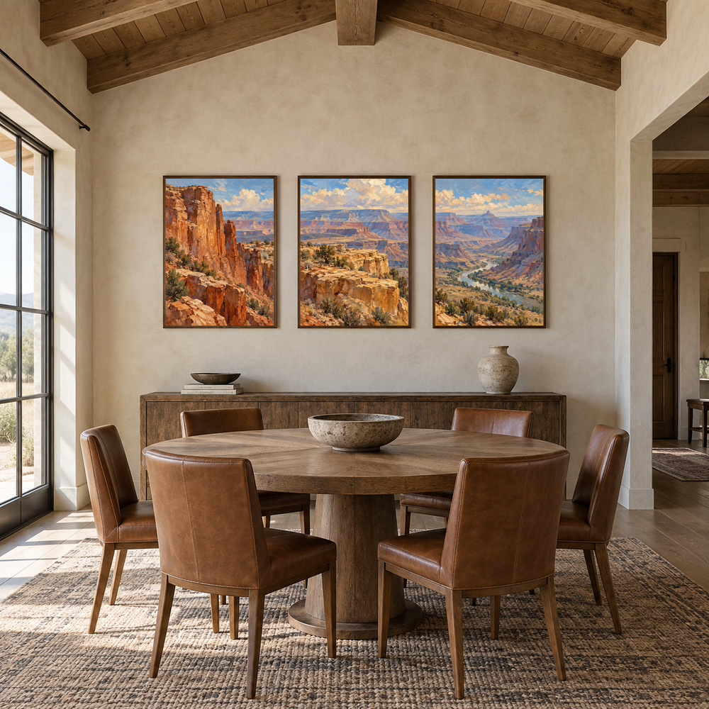 Canyon Bands set of 3 Western paintings displayed in a dining room