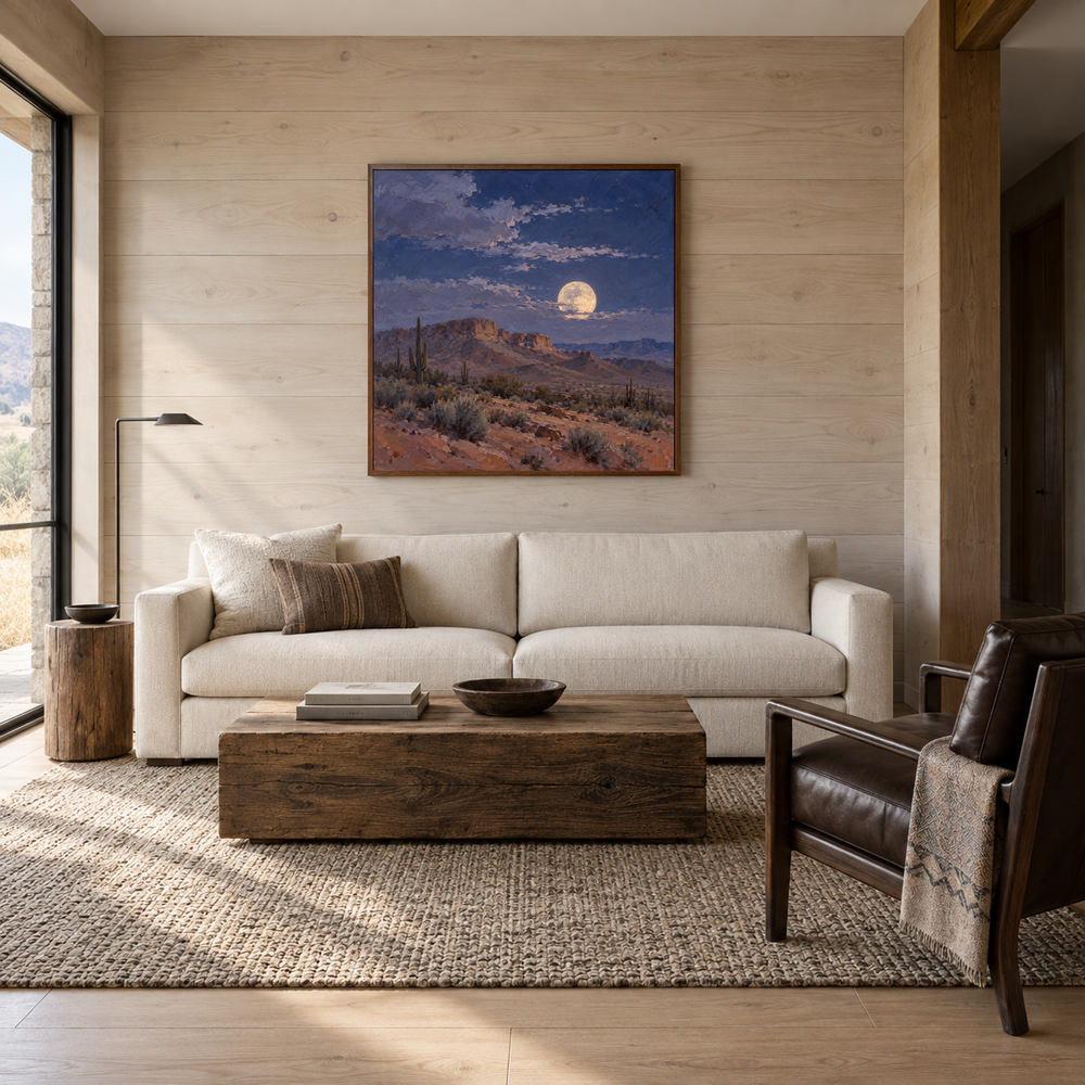 Desert Moonrise Western oil painting displayed in a living room