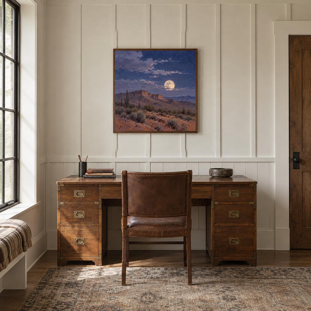 Desert Moonrise Western oil painting displayed in a study