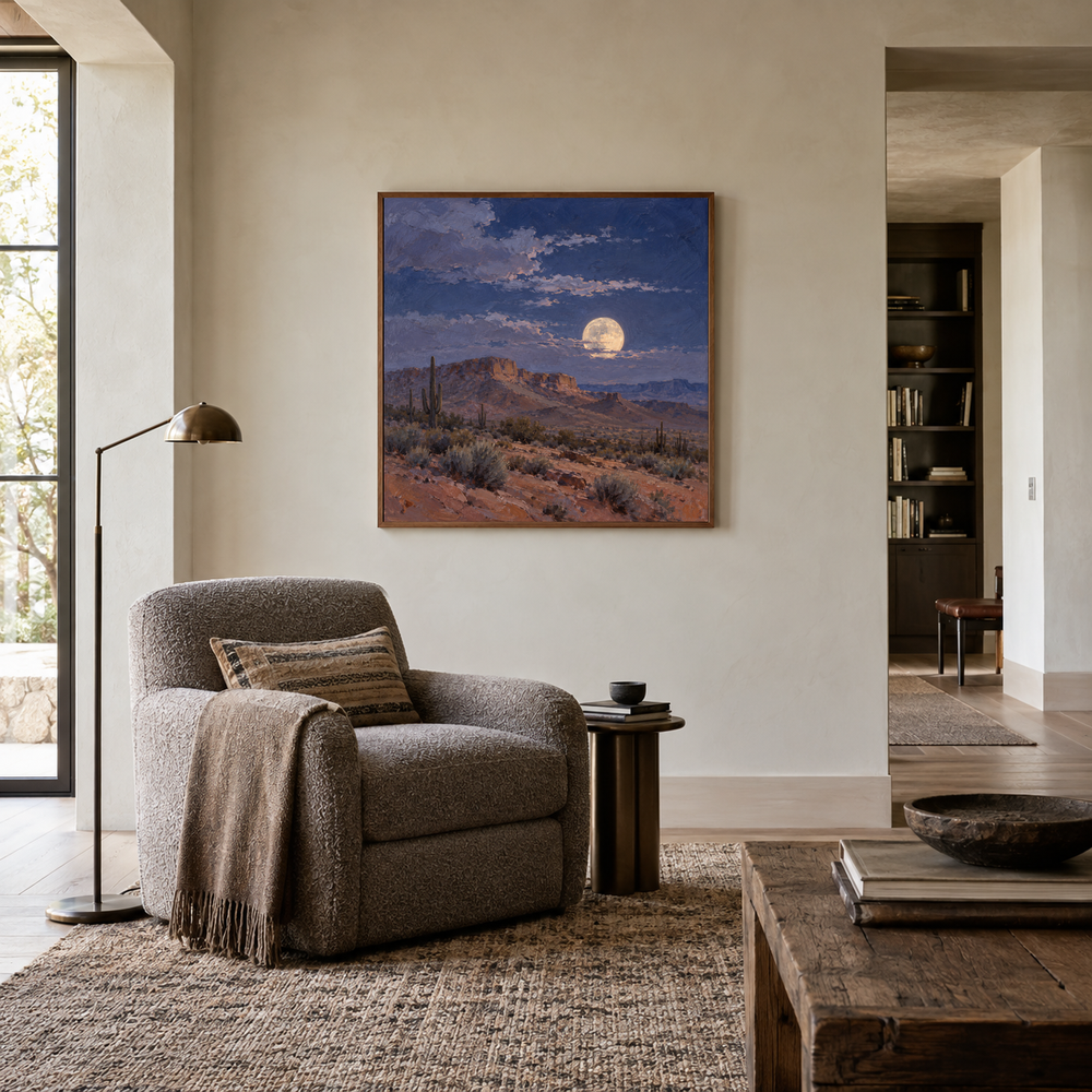 Desert Moonrise Western oil painting displayed in a reading room