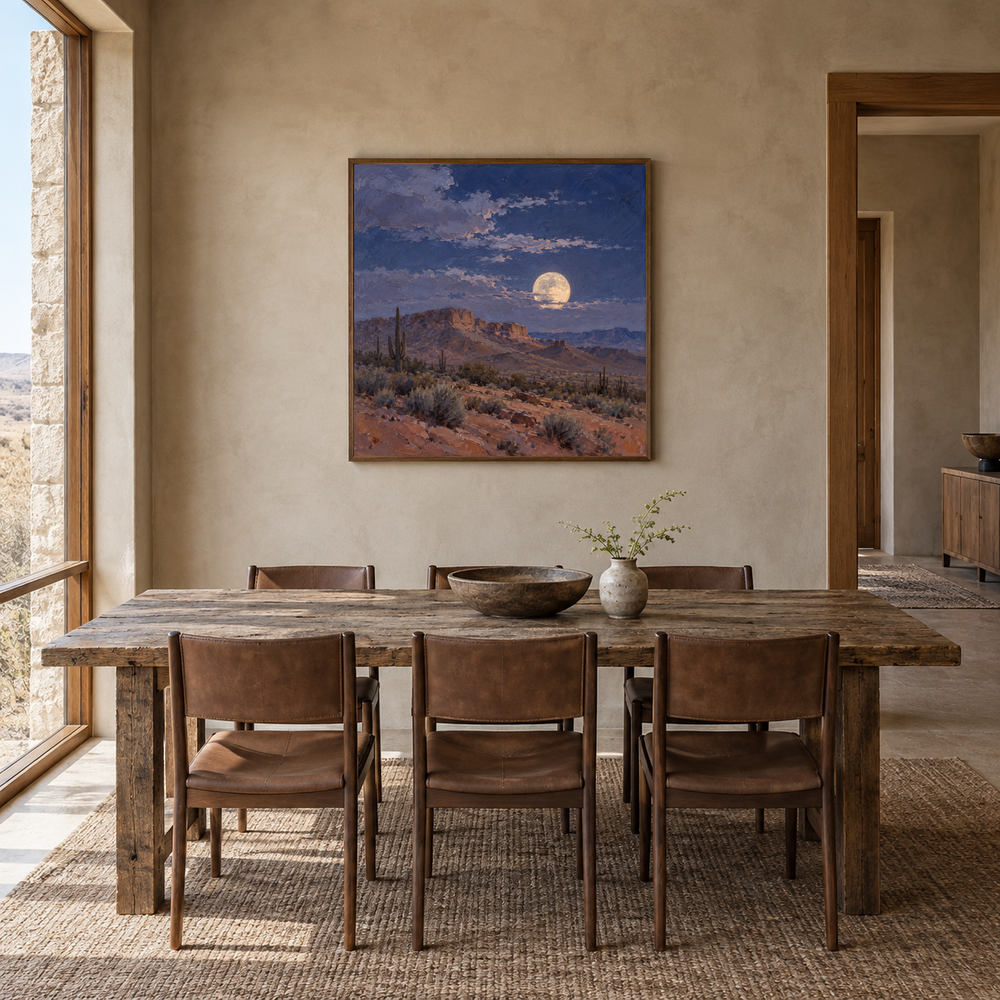 Desert Moonrise Western oil painting displayed in a dining room