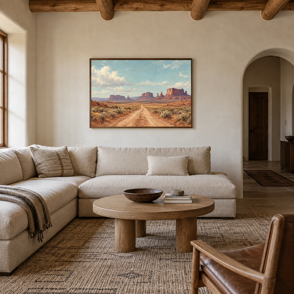 The Long Road Western oil painting displayed in a living room