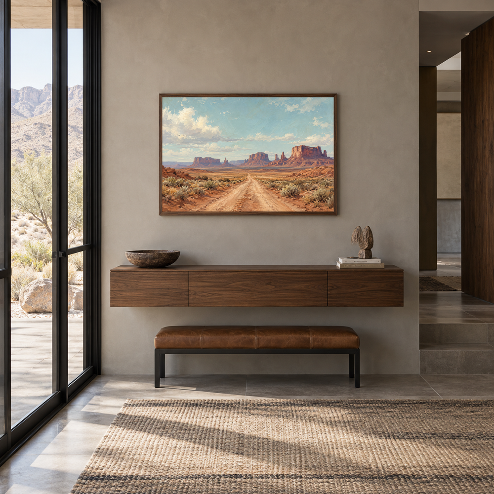 The Long Road Western oil painting displayed in a entryway