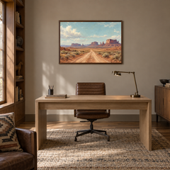 The Long Road Western oil painting displayed in a study