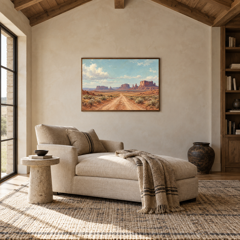 The Long Road Western oil painting displayed in a reading room