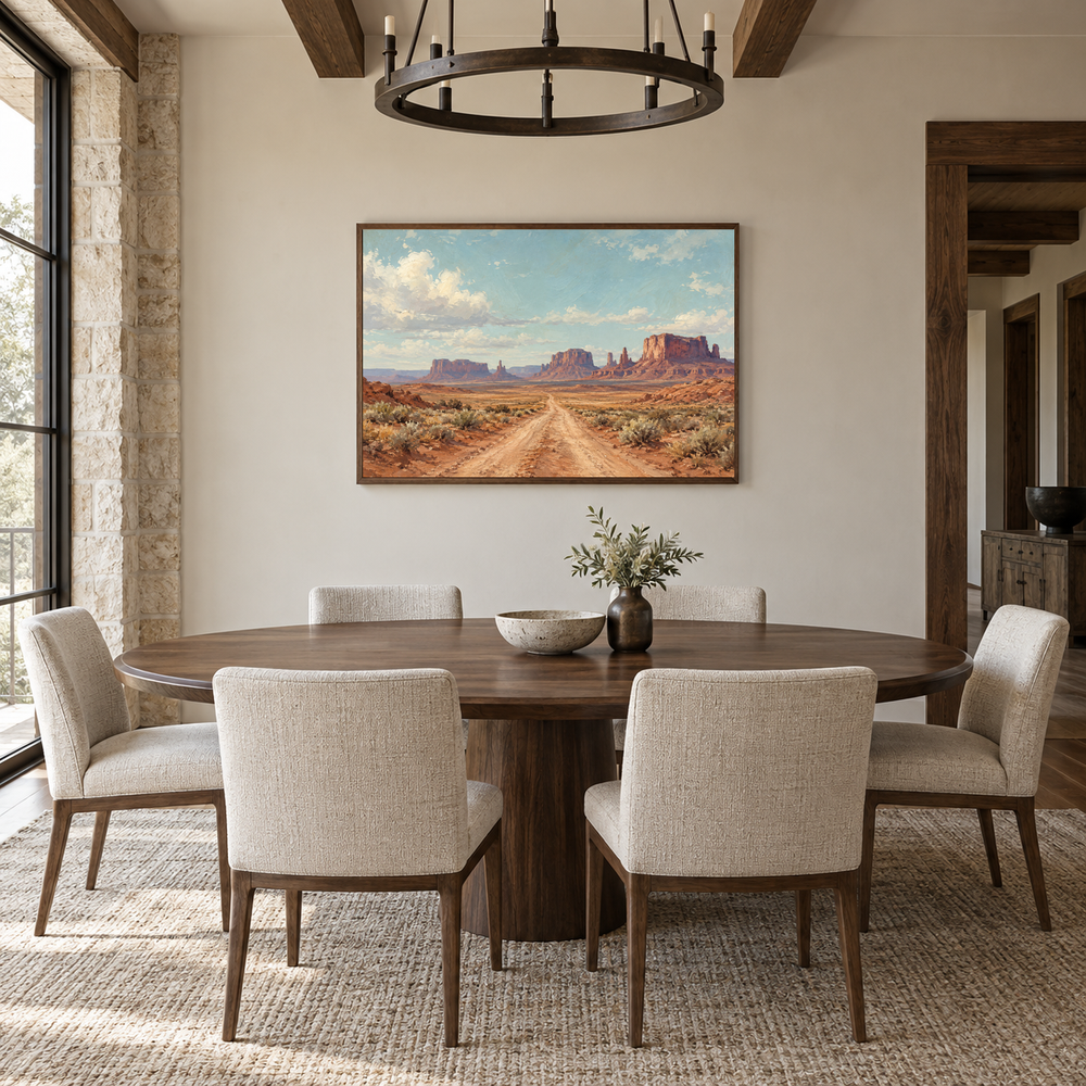 The Long Road Western oil painting displayed in a dining room
