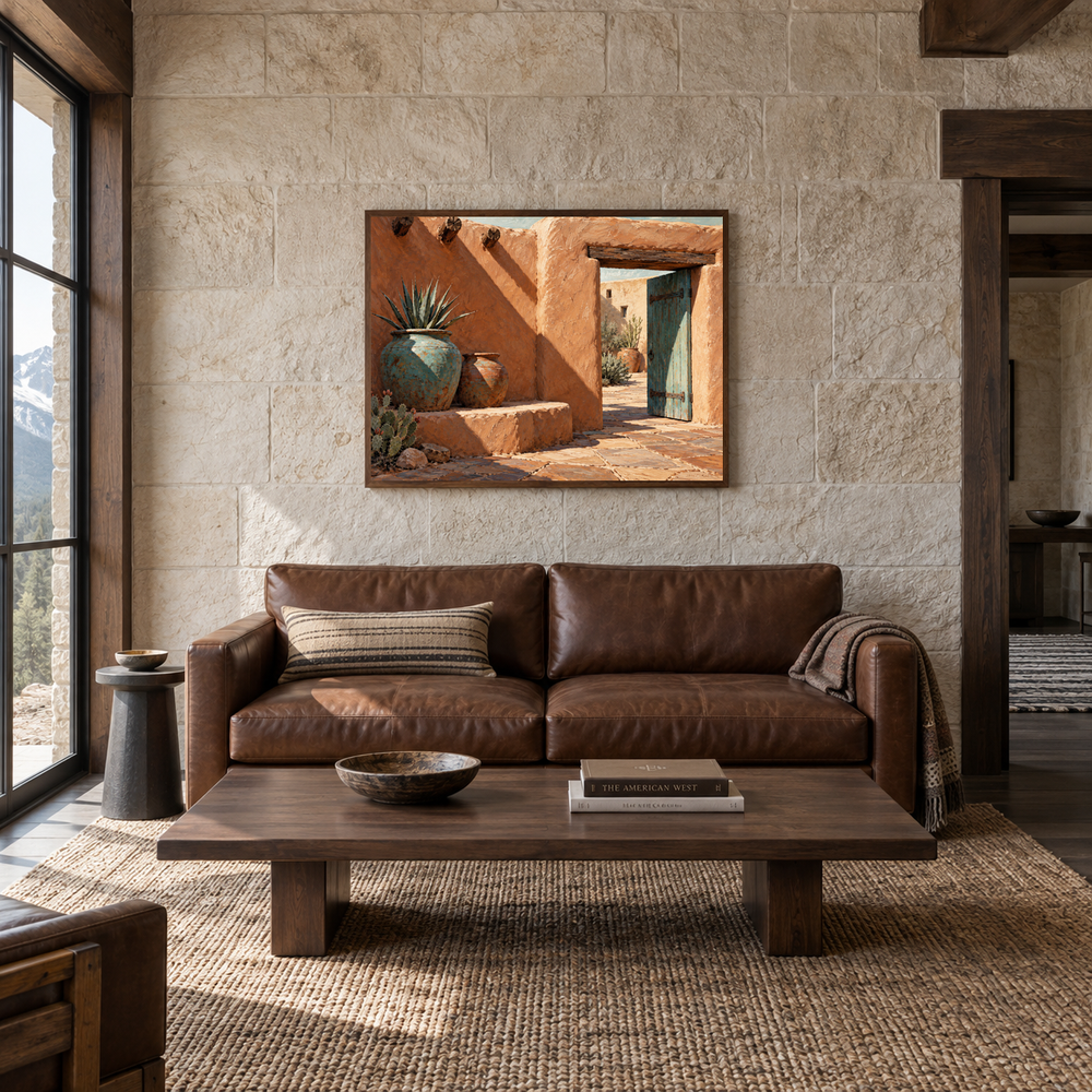 Adobe Courtyard Western oil painting displayed in a living room
