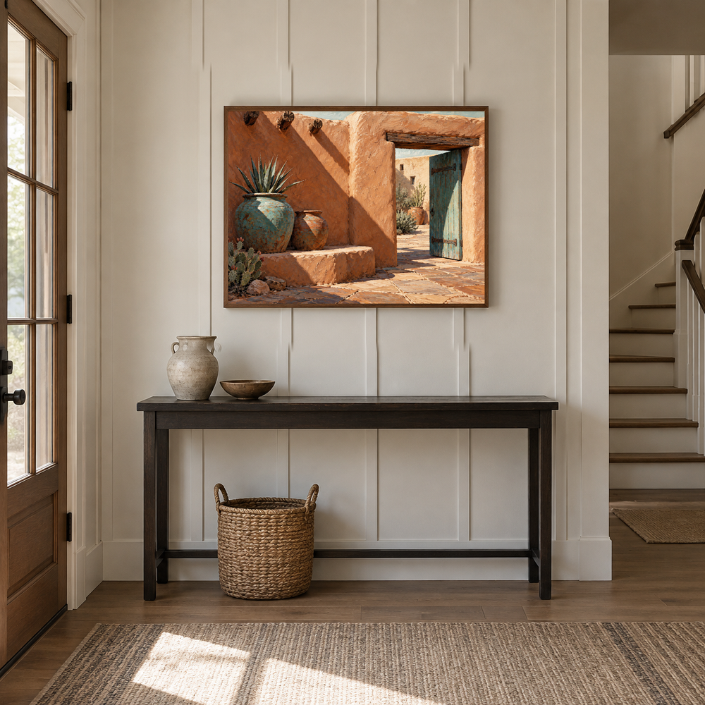 Adobe Courtyard Western oil painting displayed in a entryway