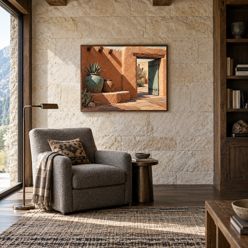Adobe Courtyard Western oil painting displayed in a reading room