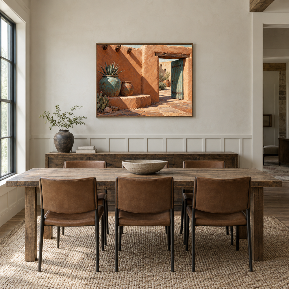 Adobe Courtyard Western oil painting displayed in a dining room