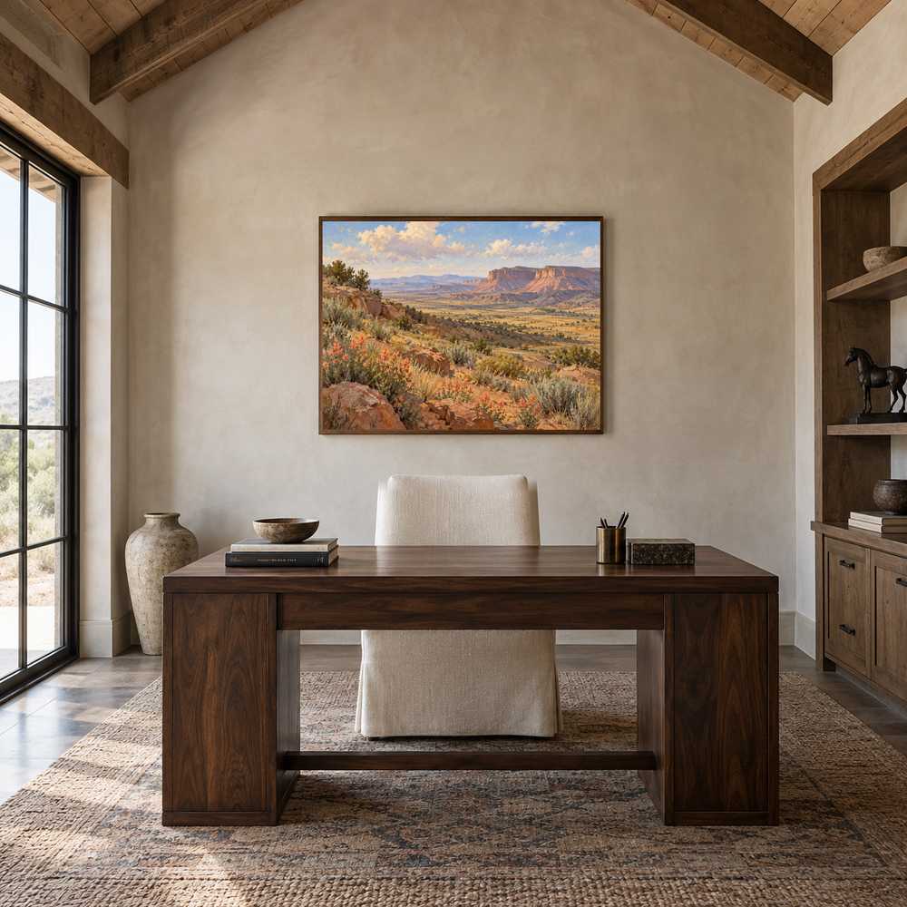 High Desert Bloom Western oil painting displayed in a study