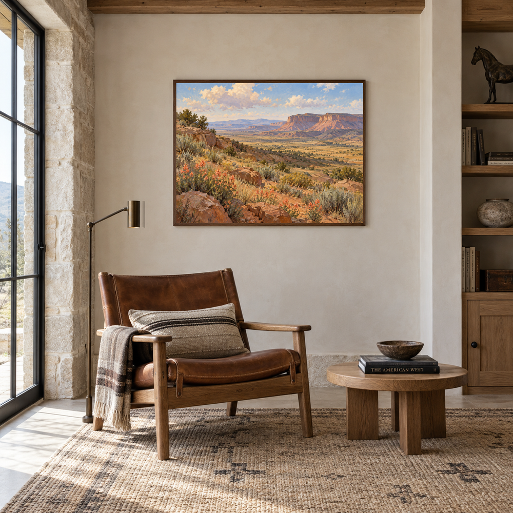 High Desert Bloom Western oil painting displayed in a reading room