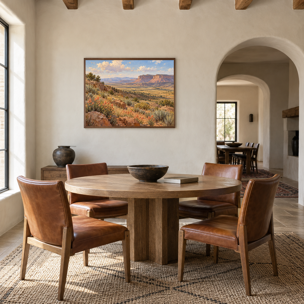 High Desert Bloom Western oil painting displayed in a dining room