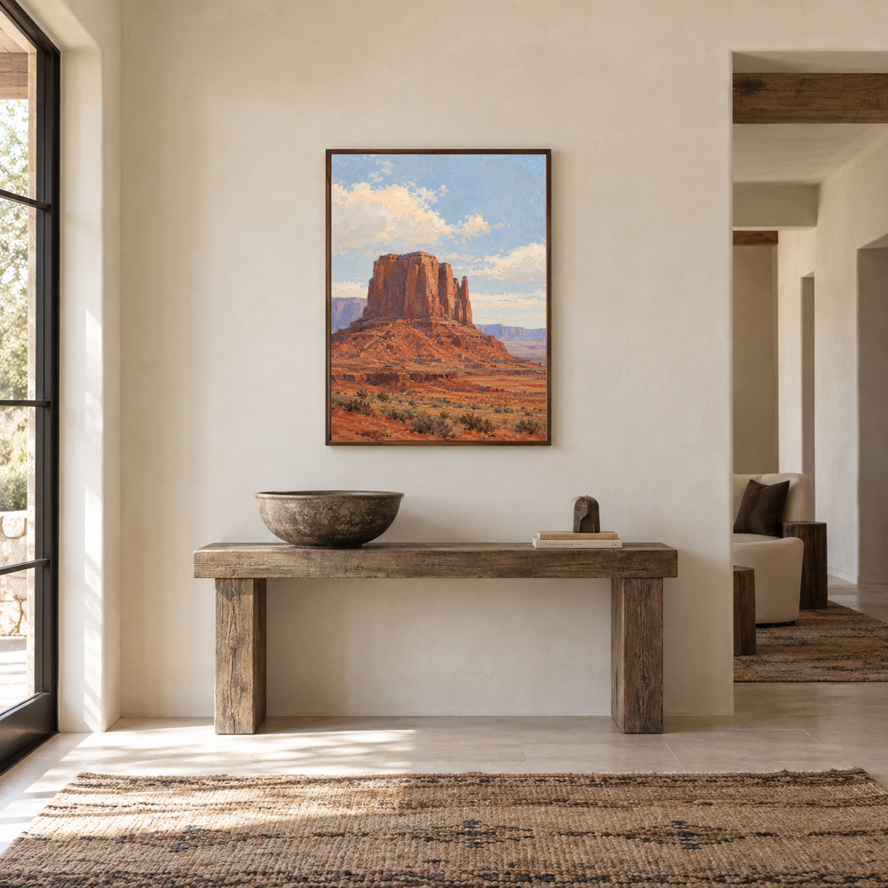 Red Rock Silence Western oil painting displayed in a entryway