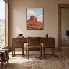 Red Rock Silence Western oil painting displayed in a study