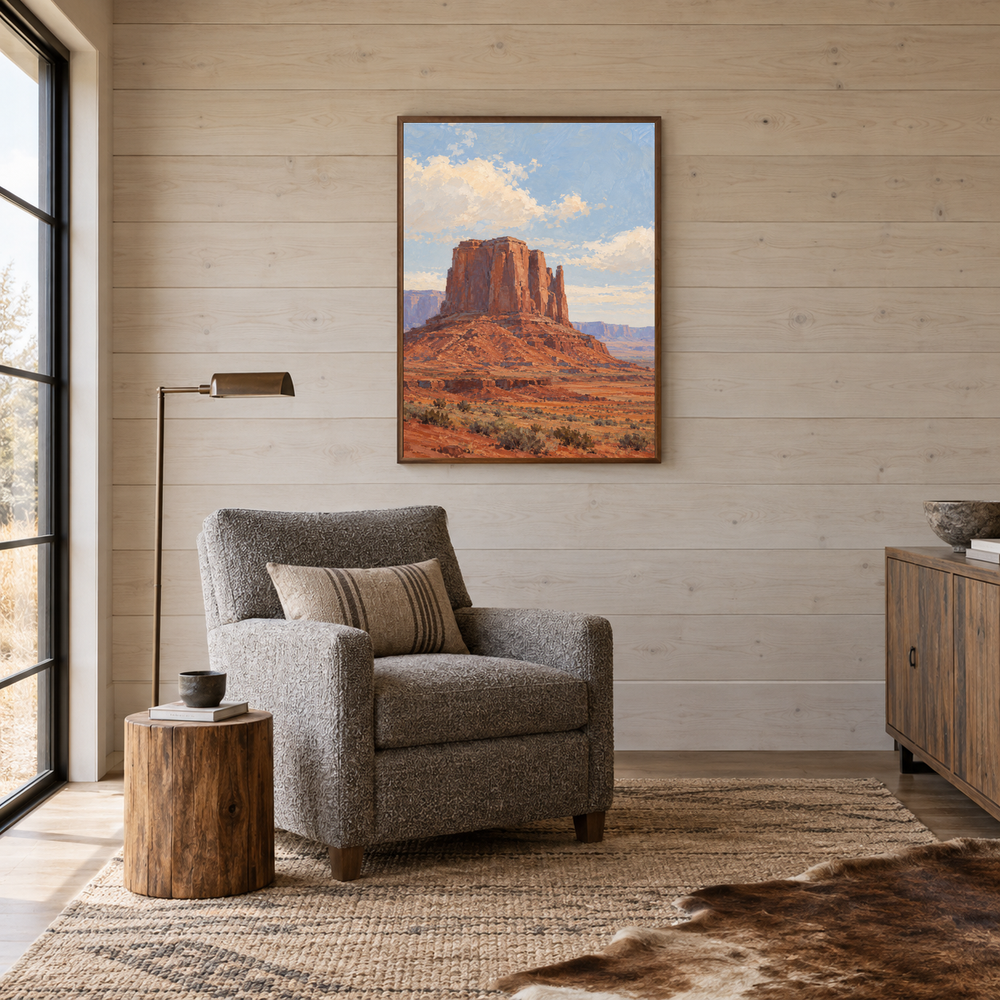 Red Rock Silence Western oil painting displayed in a reading room