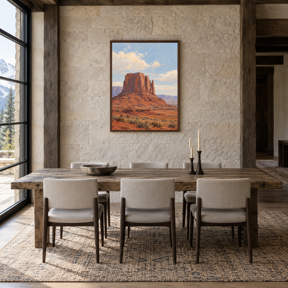 Red Rock Silence Western oil painting displayed in a dining room