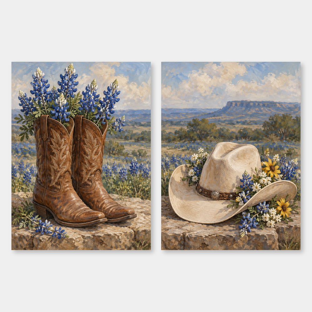 Boots and Bluebonnets Western oil painting set of 2