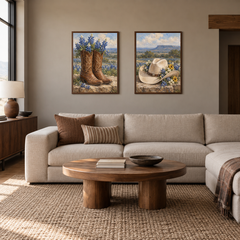 Boots and Bluebonnets set of 2 Western paintings displayed in a living room