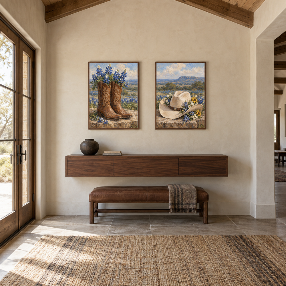 Boots and Bluebonnets set of 2 Western paintings displayed in a entryway