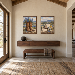 Boots and Bluebonnets set of 2 Western paintings displayed in a entryway