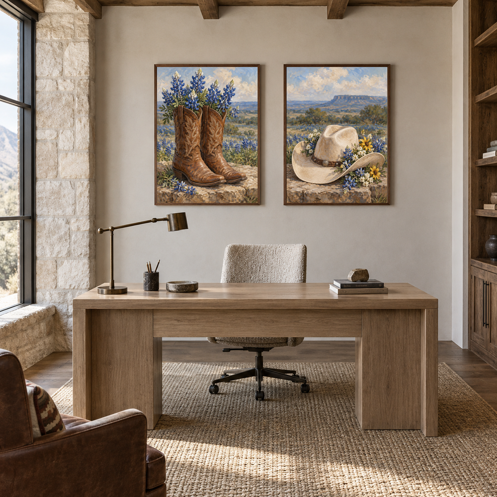 Boots and Bluebonnets set of 2 Western paintings displayed in a study