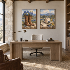 Boots and Bluebonnets set of 2 Western paintings displayed in a study