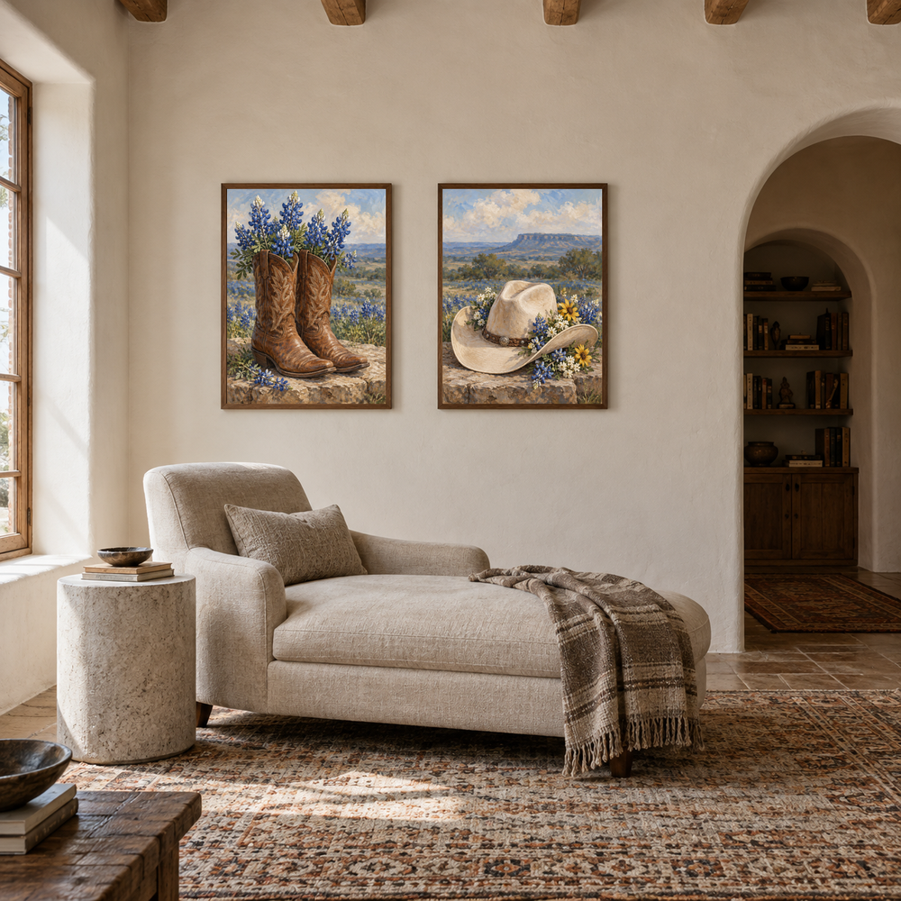 Boots and Bluebonnets set of 2 Western paintings displayed in a reading room