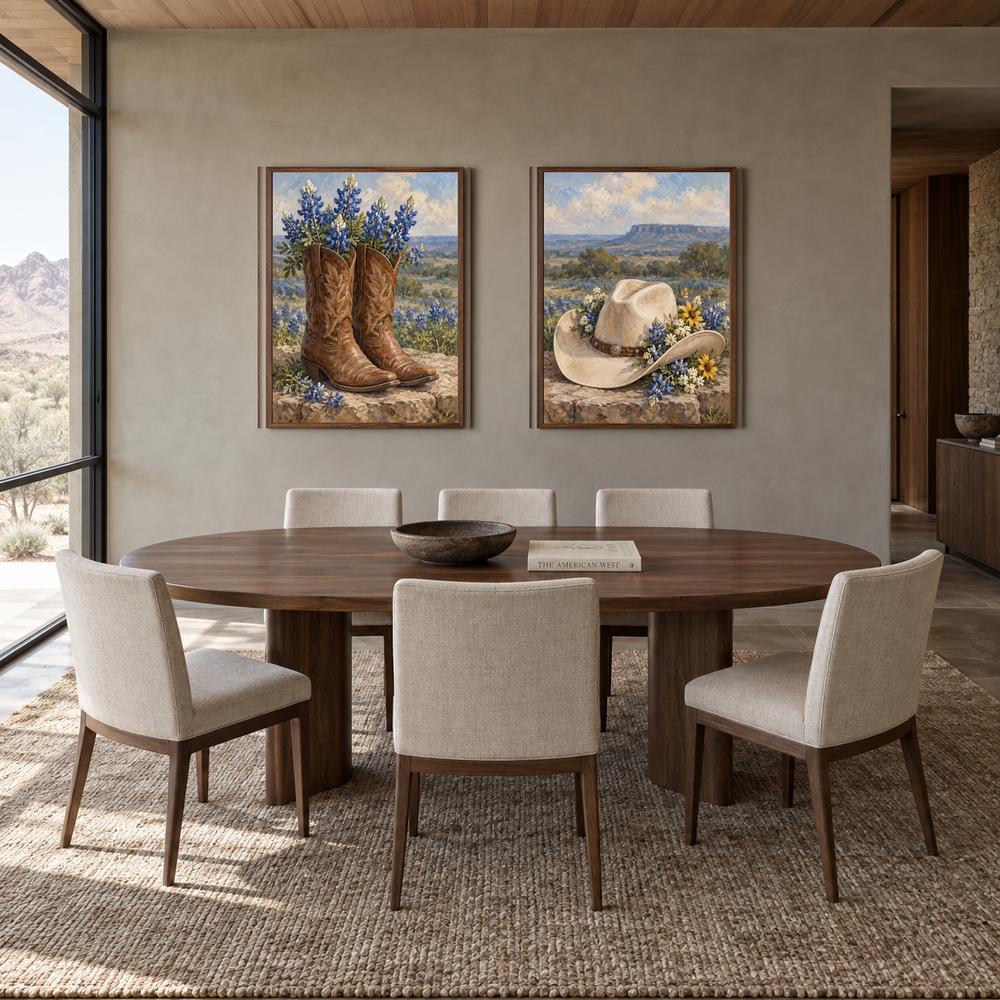Boots and Bluebonnets set of 2 Western paintings displayed in a dining room