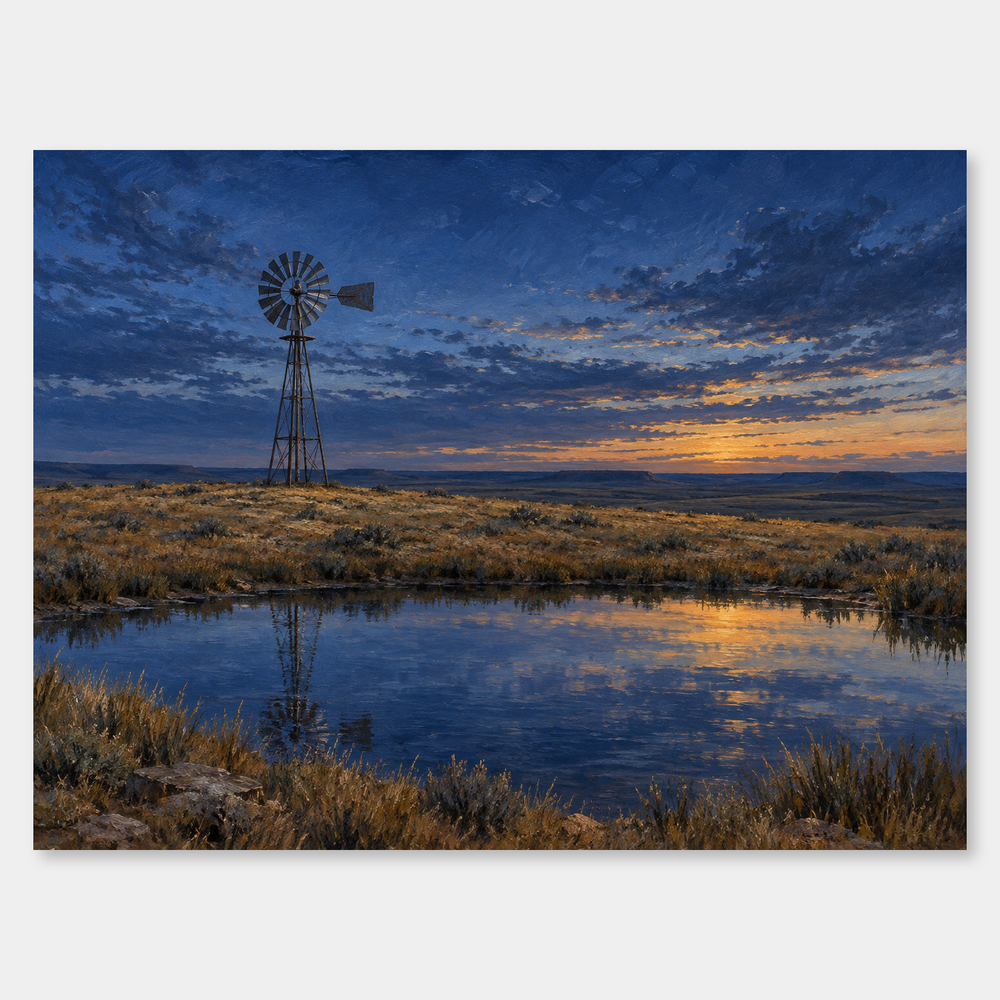 Prairie Windmill at Blue Hour oil painting with a ranch windmill, reflective pond, and blue twilight sky