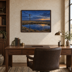 Prairie Windmill at Blue Hour Western landscape displayed above a walnut desk in a refined ranch office