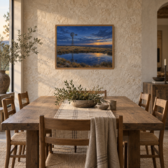Prairie Windmill at Blue Hour Western landscape displayed on the limestone wall of a warm Western dining room