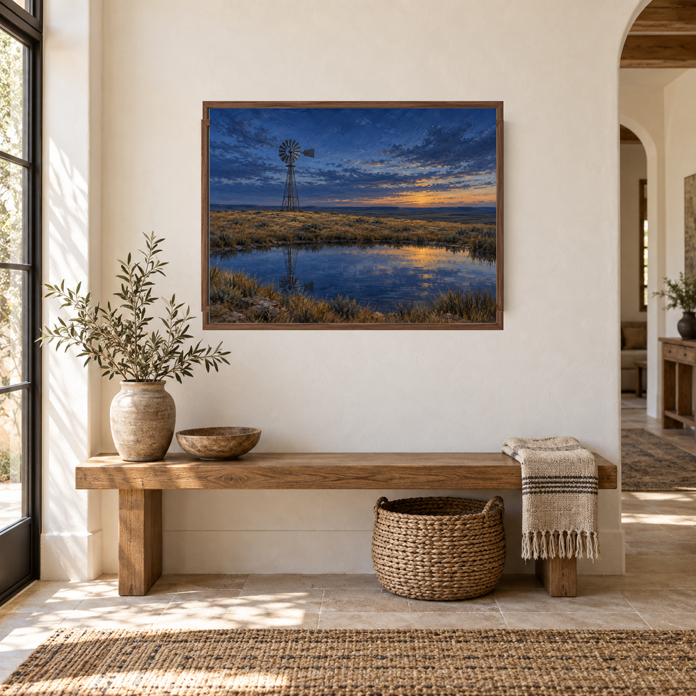 Prairie Windmill at Blue Hour Western landscape displayed above an oak entry bench in a bright Southwestern entryway